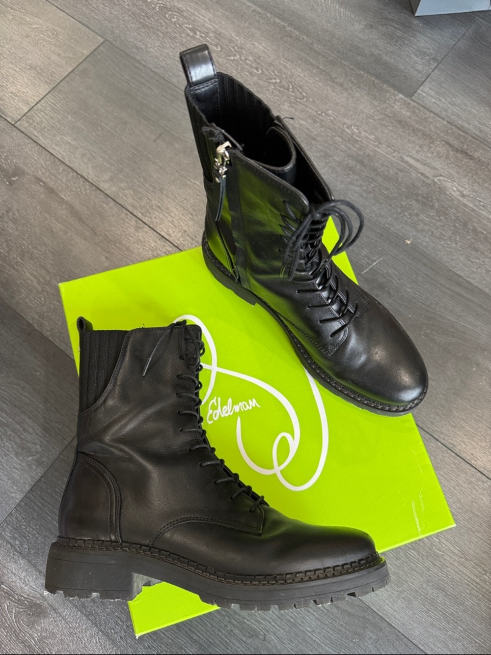 Sam Edelman Black Leather Lace-Up Combat Boots with Side Zip